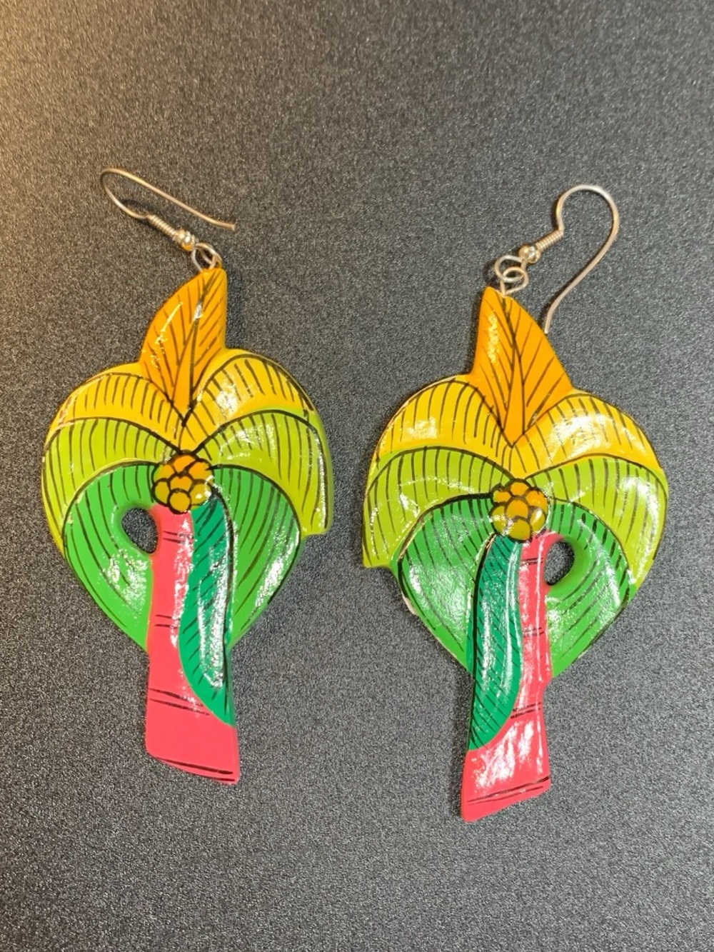 Vintage Hand-Painted wood Tropical palm treDrop Earrings in Yellow, Green & Pink
